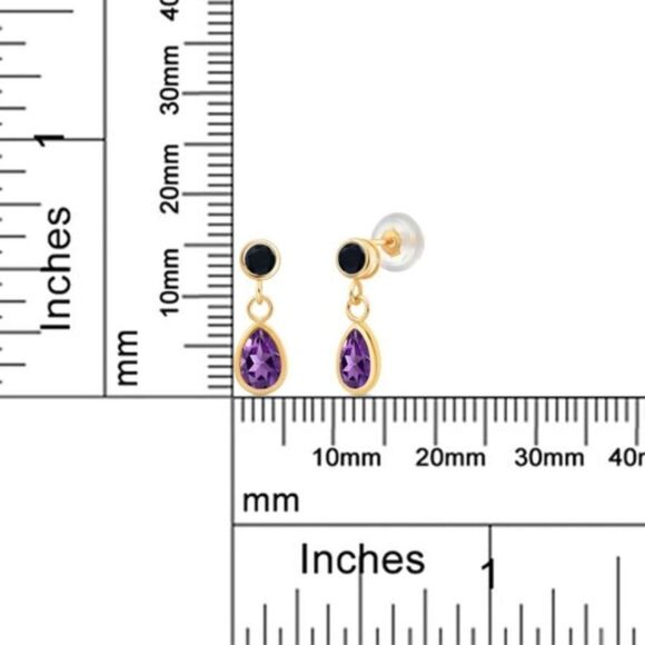 14K Yellow Gold with 0.92 Cttw Amethyst and Black Onyx Post Back Drop Earrings - Picture 4 of 4